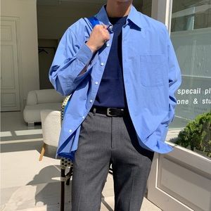 Armani Italian Point Collar Long Sleeve Button Up Casual Poplin Dress Shirt Blue